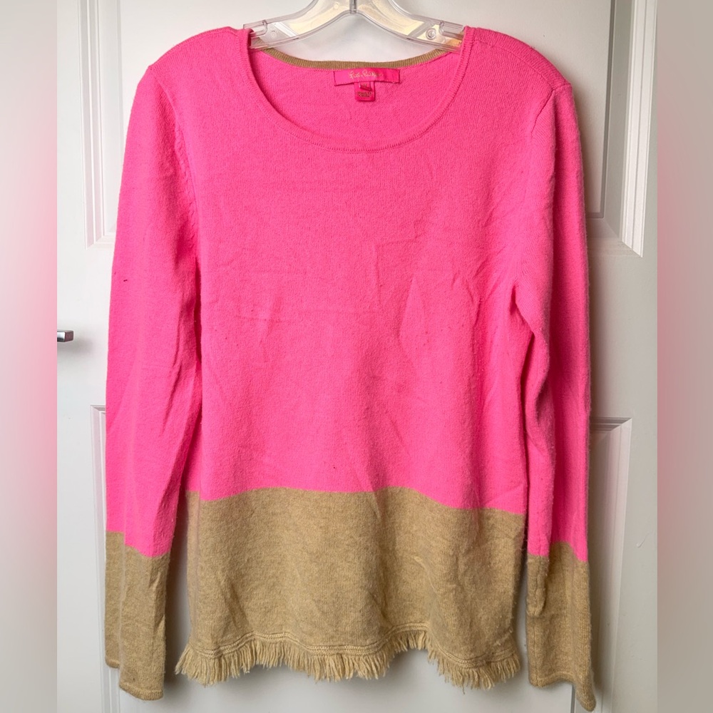 Lilly Pulitzer 100% Cashmere Colorblock Sweater Pink & Camel Women’s‎ M FLAW